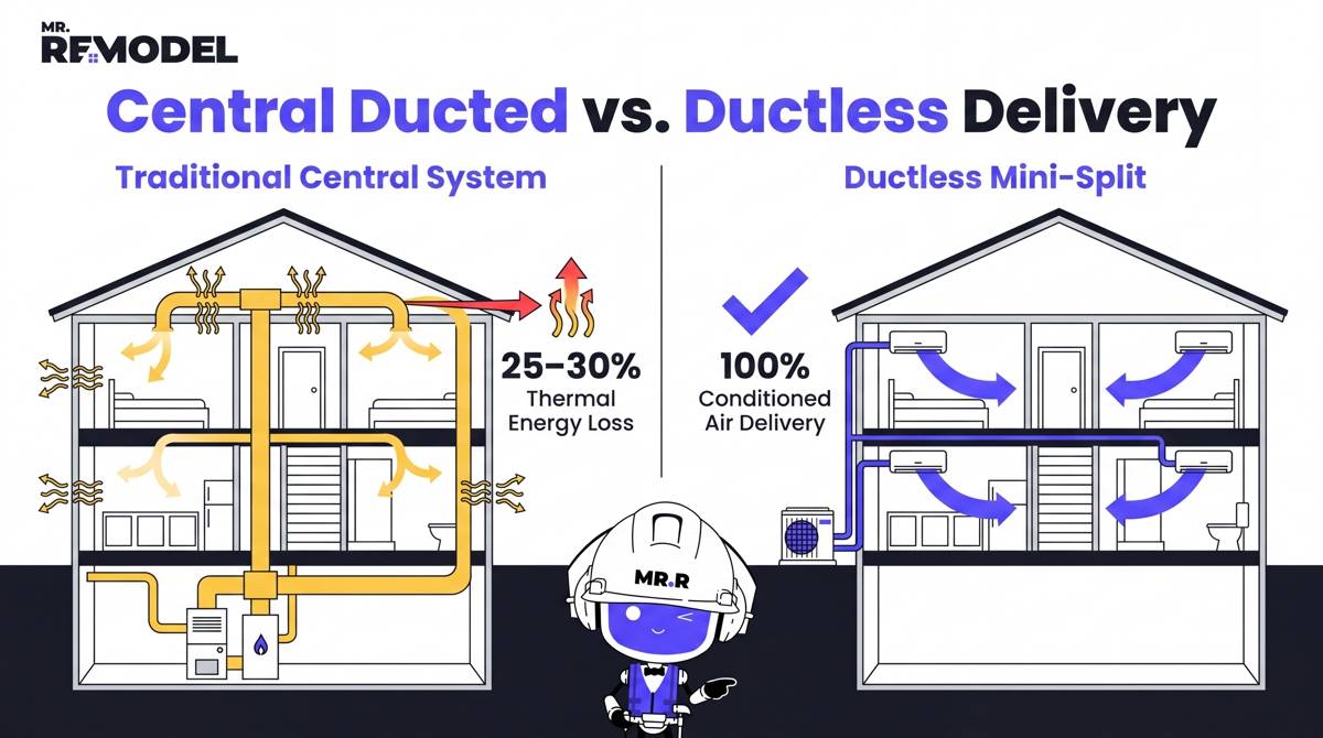 A technical schematic contrasting the two. Left side: "Central System" showing a house with yellow lines (ducts) in the attic/floor with "leak" icons (dust/heat escaping), labeled "25–30% Energy Loss via Duct Leaks." Right side highlighted in Secondary Accent: Blue (#5044FF): "Ductless System" showing the same house with direct, short lines from condenser to room-units, labeled "100% Conditioned Air Delivery."